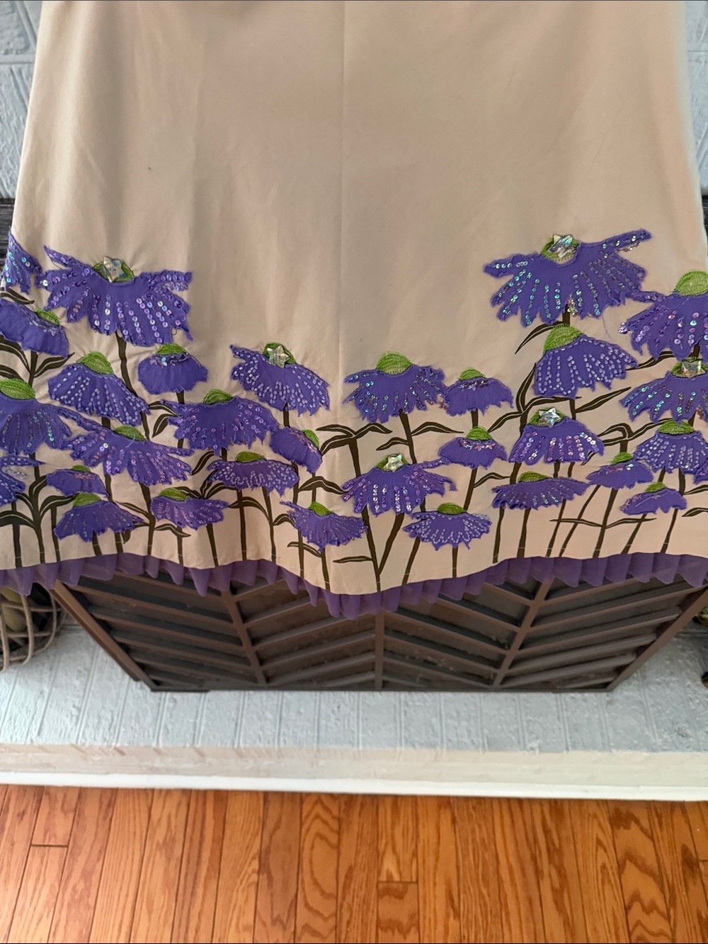 Basil + Maude Beige A-Line Skirt with Purple Floral Appliqué - Picture 8 of 14